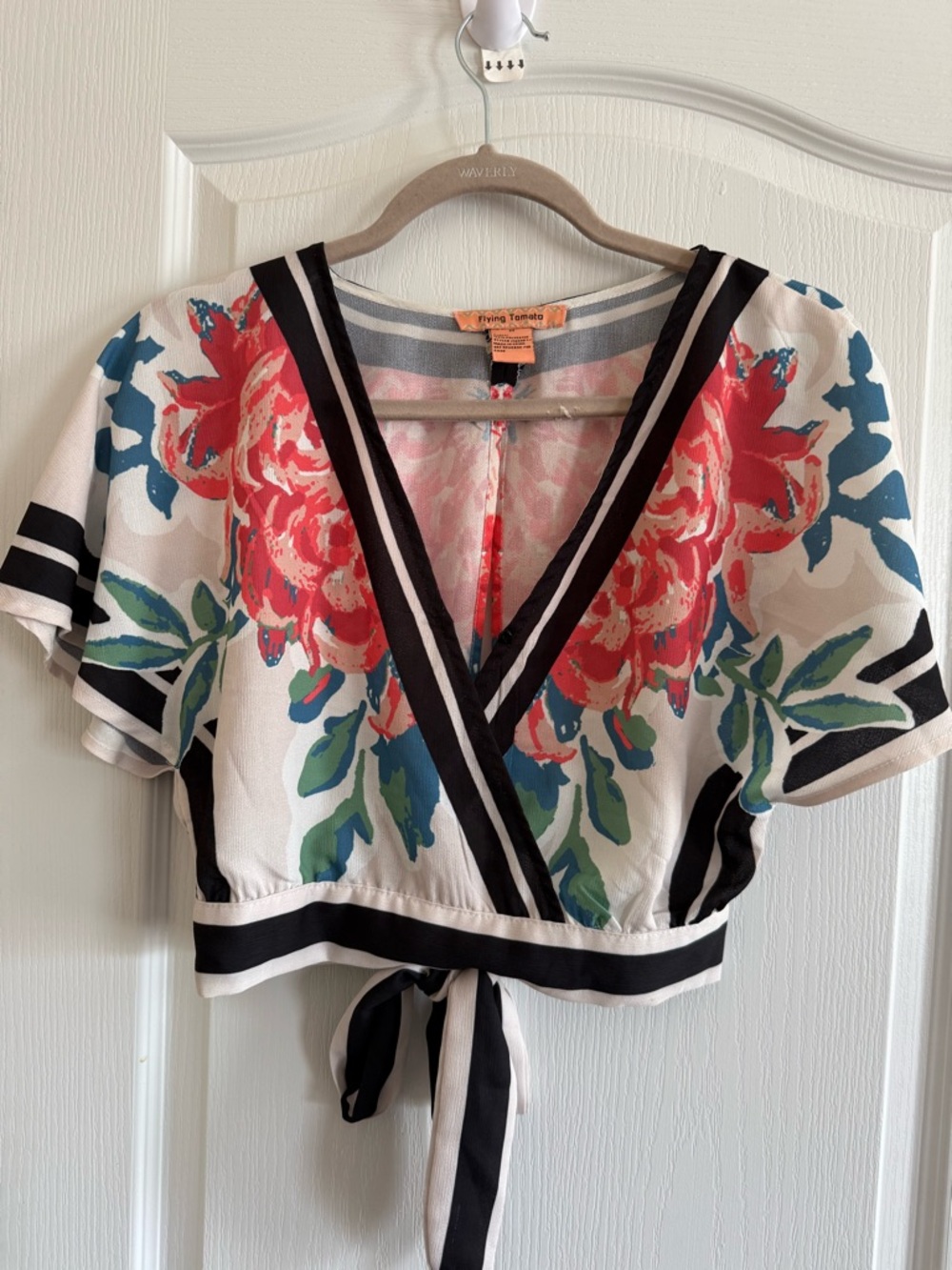 Flying Tomato Coral Floral Wrap Crop Top with Black Trim